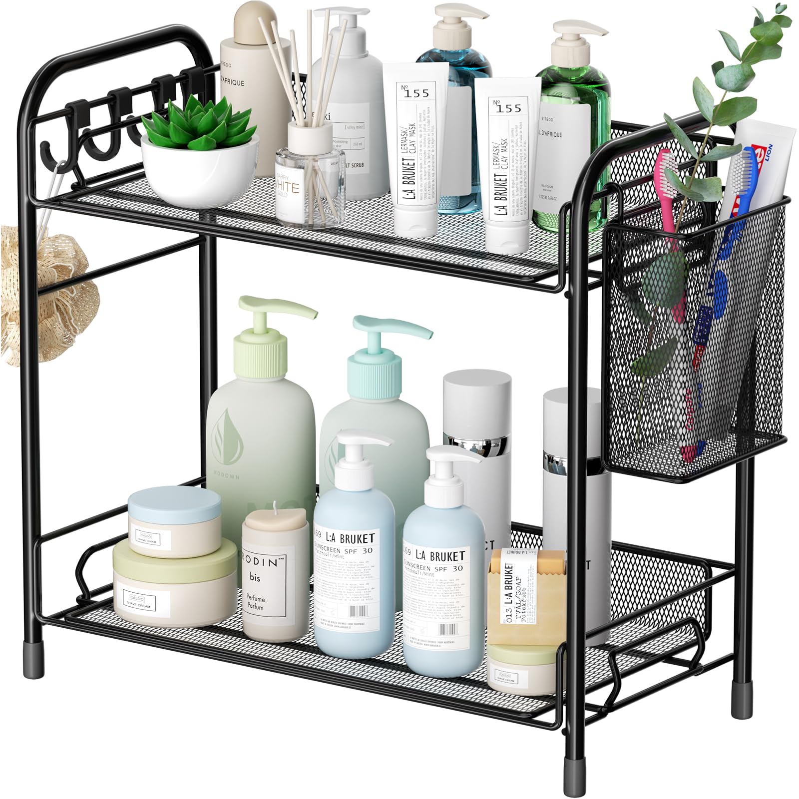 VITVITI Mesh Bathroom Organizer Countertop, 2-Tier Metal Bathroom Counter Organizer and Storage, Vanity Organizer Sink Shelf Kitchen Spice Rack with Basket and Hooks, Black