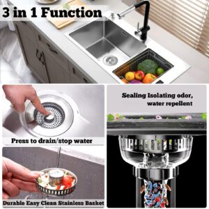 3 in 1 Kitchen Sink Drain Strainer Stopper, Brushed Stainless Steel SUS 304 Pop Up Sink Drain Stopper for Standard 3-1/2 Inch Drain Anti-Clogging Odor Prevention