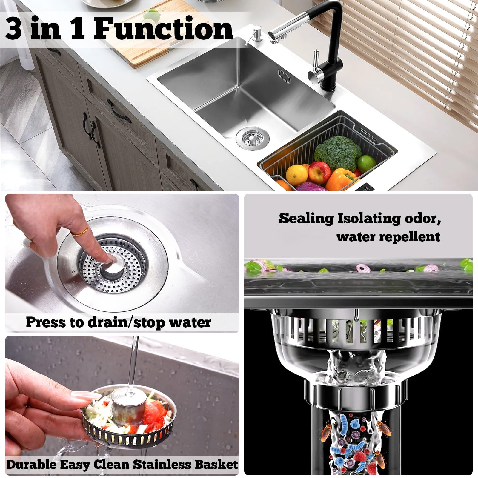 3 in 1 Kitchen Sink Drain Strainer Stopper, Brushed Stainless Steel SUS 304 Pop Up Sink Drain Stopper for Standard 3-1/2 Inch Drain Anti-Clogging Odor Prevention