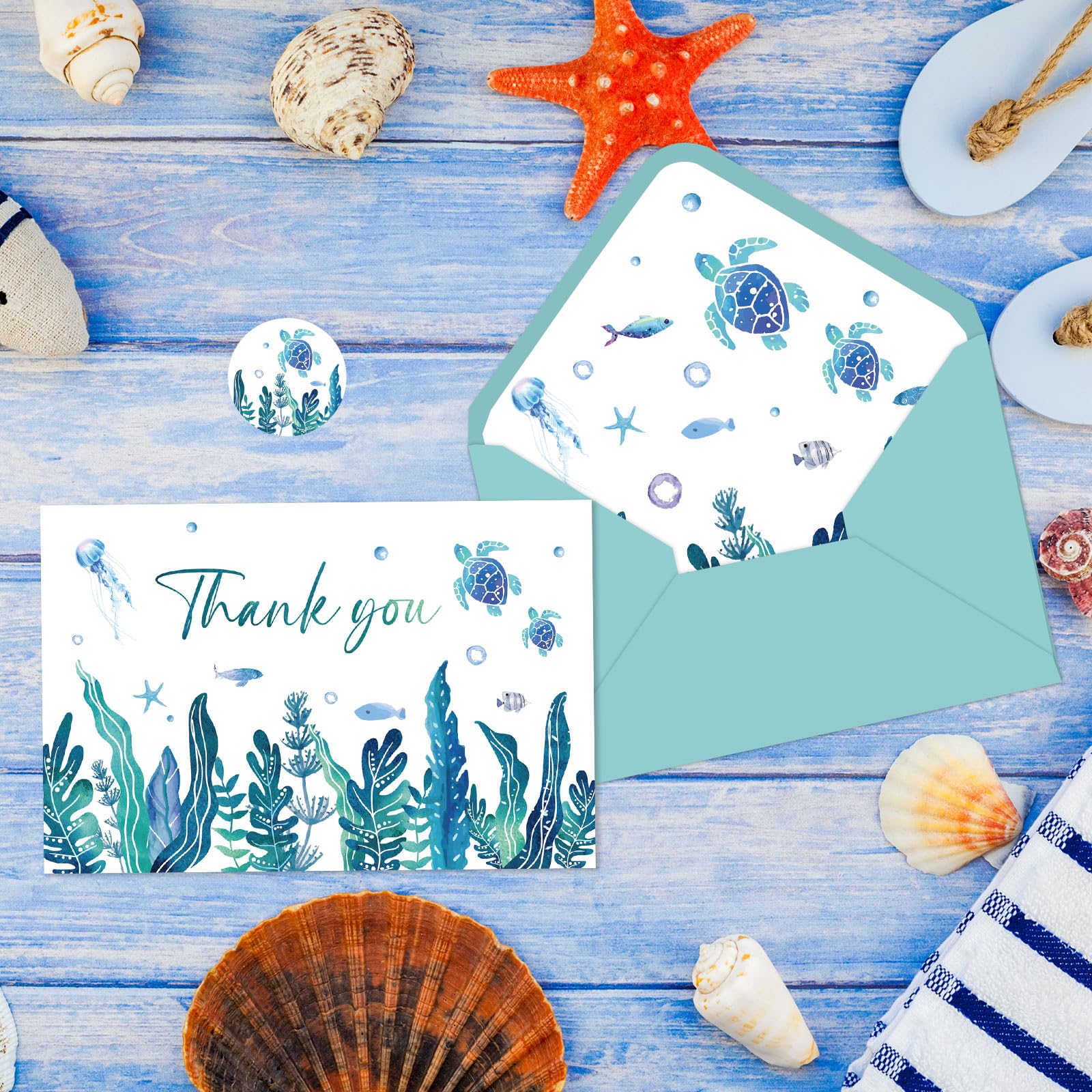 JarThenaAMCS 24 Set Under the Sea Thank You Cards with Envelopes and Stickers Blue Seaweed Sea Turtles Fish Greeting Cards for Birthday Wedding Baby Shower, 4 x 6 Inch