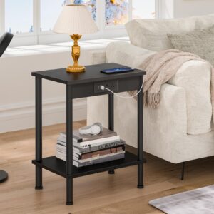 YUFAM End Table with Charging Station Set of 2,Small Side Table with USB Ports and Outlets,2-Tier Nightstand with Storage Shelf,Sofa Bedside Table for Small Space in Living Room, Bedroom, Black