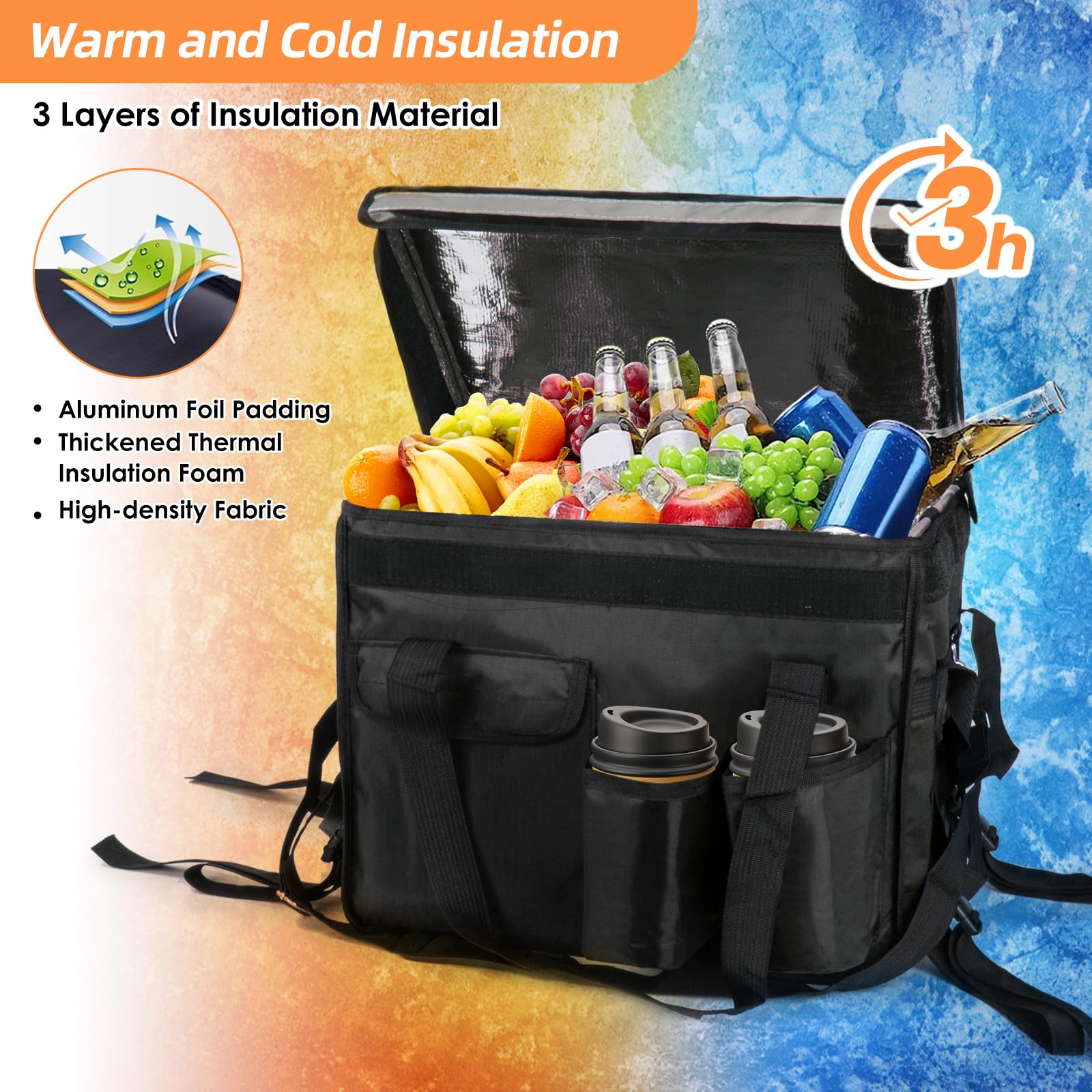 Insulated Bags for Food Delivery with Cup Holder 17.3" x 13.5" x 12.5", Support Frame & Hard Bottom Plate, Waterproof Commercial Insulated Food Delivery Bag Drink Carriers for Doordash w/Divider