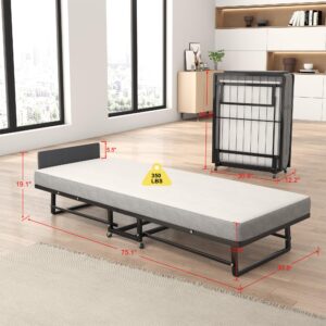 HRVEOCEI Folding Bed with Mattress for Adults, Twin Size Metal Portable Bed with Memory Foam Mattress & Wheels, Space Saving Fold Up Bed for Easy Storage