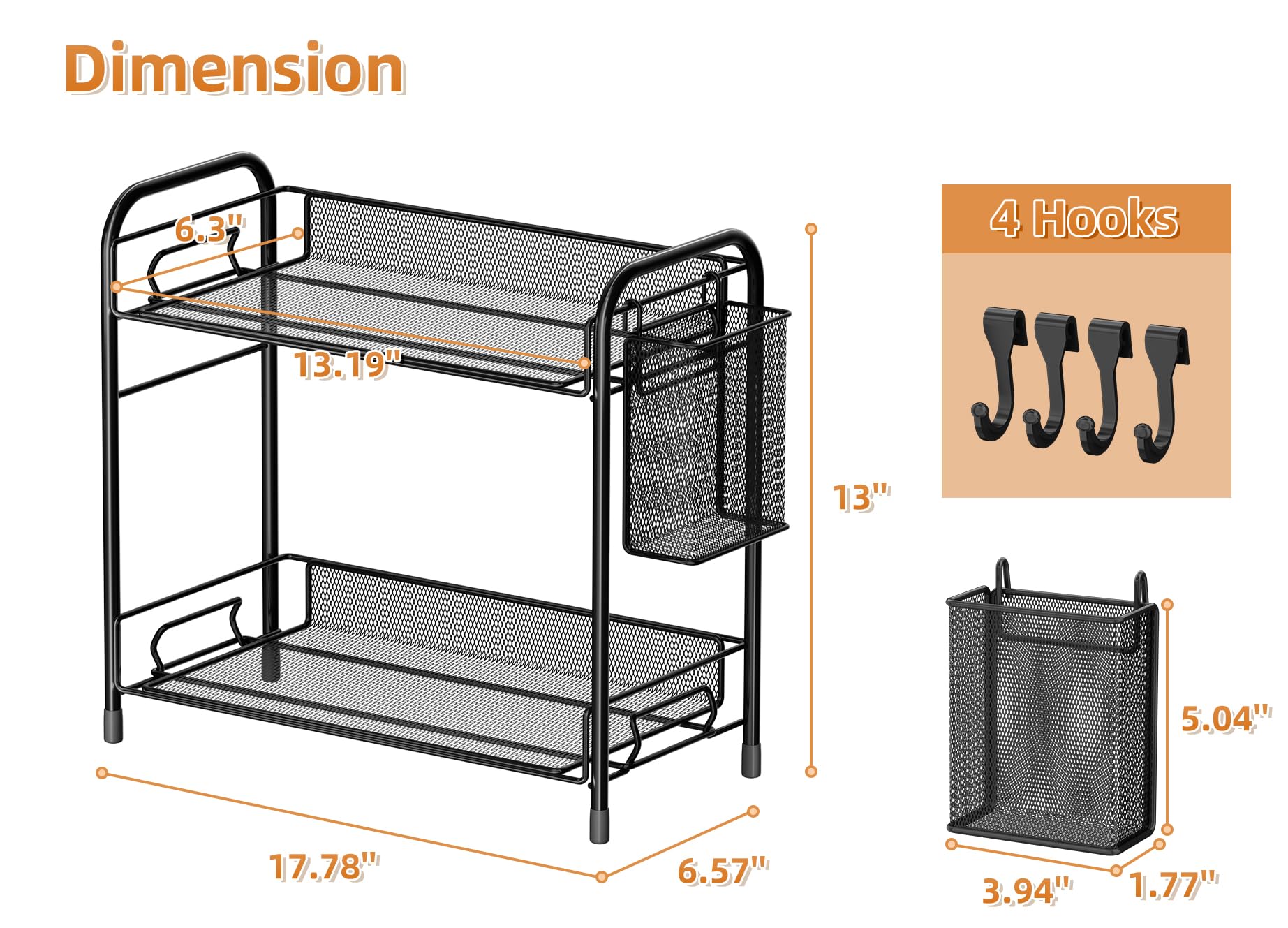 VITVITI Mesh Bathroom Organizer Countertop, 2-Tier Metal Bathroom Counter Organizer and Storage, Vanity Organizer Sink Shelf Kitchen Spice Rack with Basket and Hooks, Black