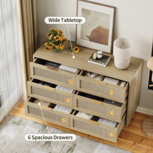 Angel Sar 43'' Rattan Dresser for Bedroom, 6 Drawer Dresser, Modern Design Dressers & Chests of Drawers, Wood Bedroom Dresser for Clothes Storage, Dressers with Gold Handles