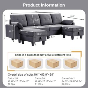 Jarenie Modern U Shaped Sectional Sofa, 101” Couch with Storage Easy to Assemble, Memory Foam Couch with Wood Frame & 100% Polyester, Lounge Sofa with Ottoman