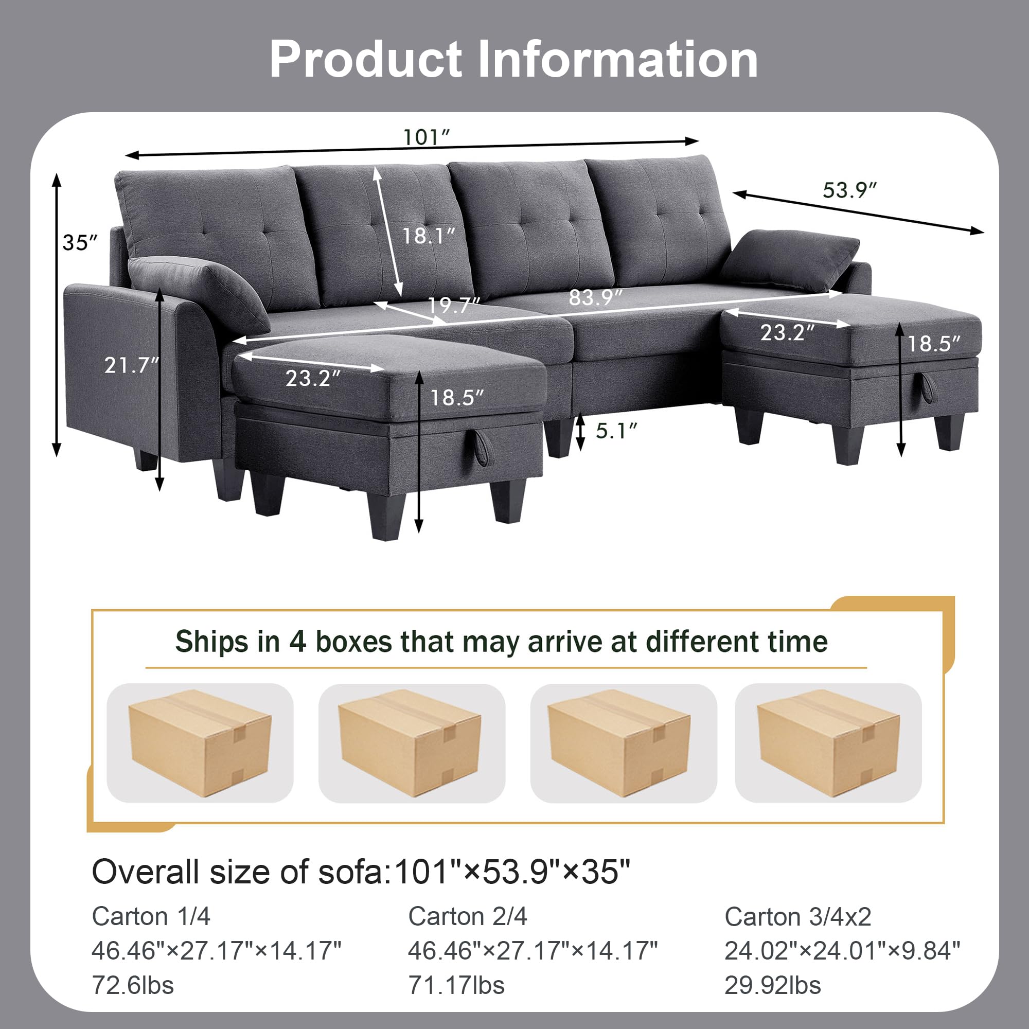 Jarenie Modern U Shaped Sectional Sofa, 101” Couch with Storage Easy to Assemble, Memory Foam Couch with Wood Frame & 100% Polyester, Lounge Sofa with Ottoman