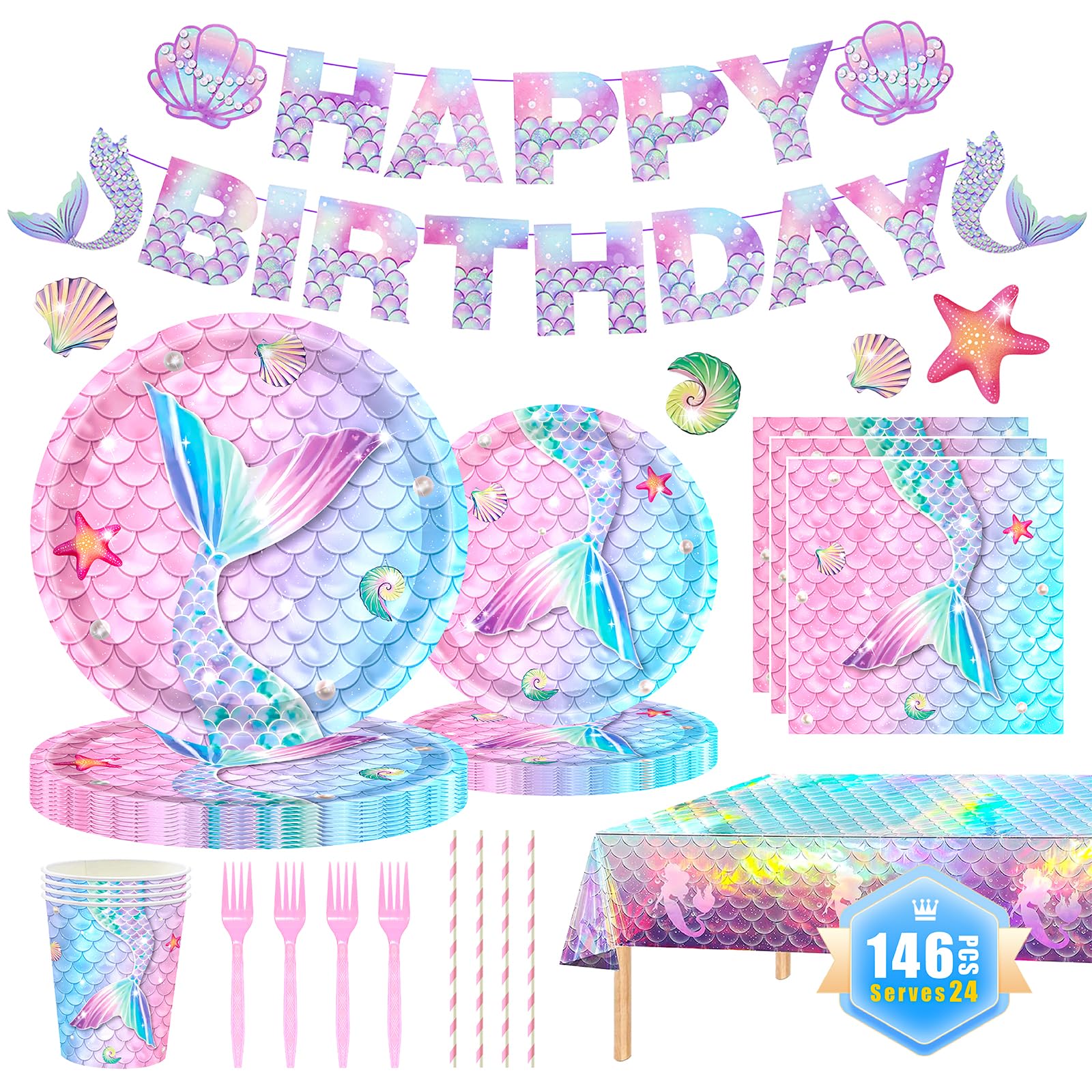 146Pcs Mermaid Plates and Napkins Mermaid Party Supplies Includes Plates, Napkin, Fork, Cup, Straw, Tablecloth, Banner for Baby Shower Ocean Birthday Party Decorations, Serves 24 (Mermaid)