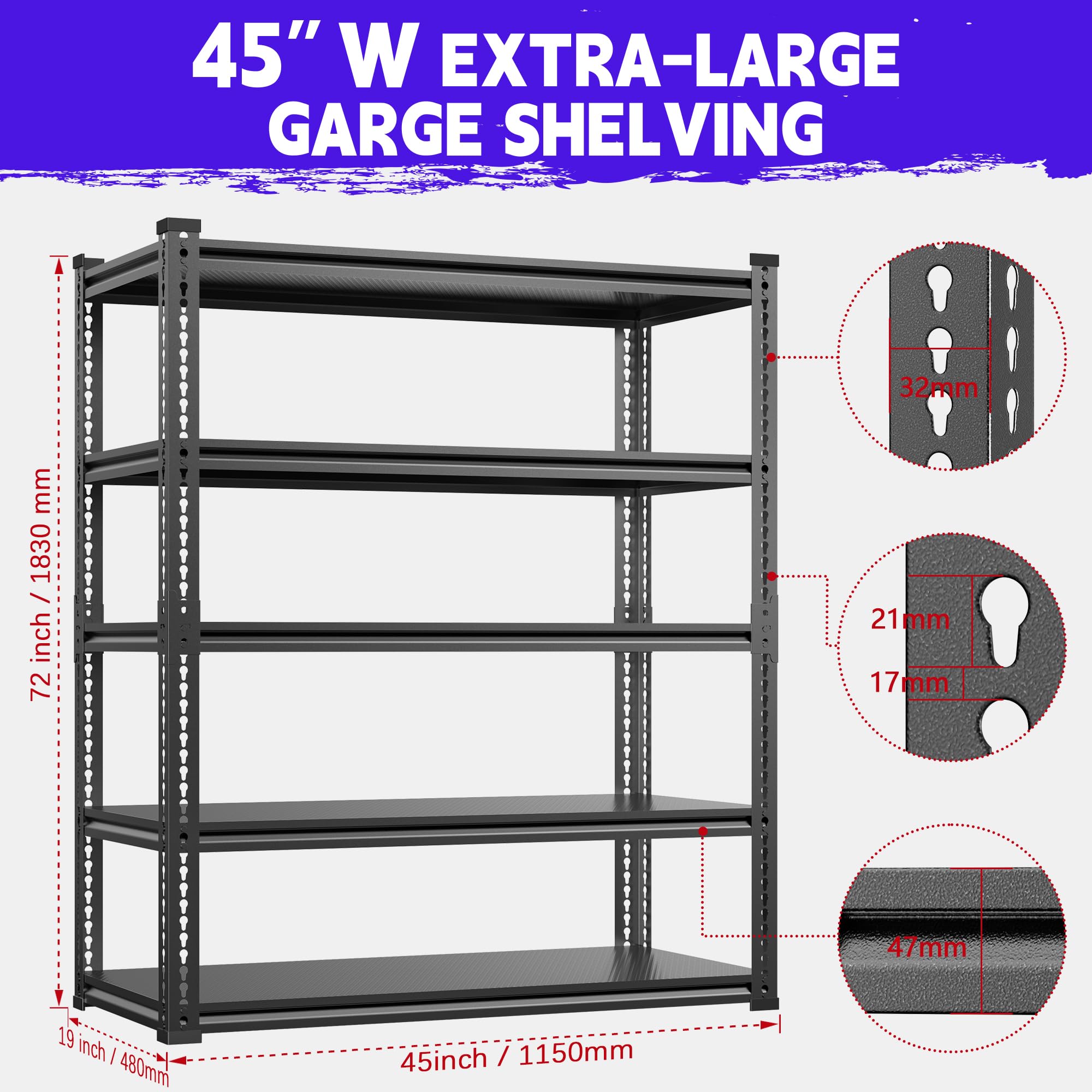 Lauxery Heavy-Duty Metal Garage Shelving Unit, 3000 lbs Load Capacity, 5-Tier Aluminum Metal Garage Shelves, Adjustable Industrial Storage Rack for Basement and Workshop(1,72" H X 45.3" X 19")