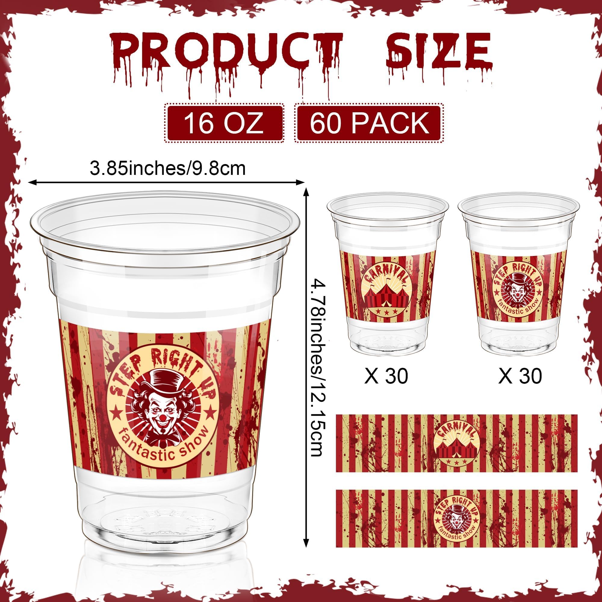 TURSTIN 60 Pieces Halloween Horror Circus Party Cups 16 oz Disposable Plastic Cups Creepy Carnival Party Decorations Horror Clown Cups for Circus Themed Party Halloween Party Supplies