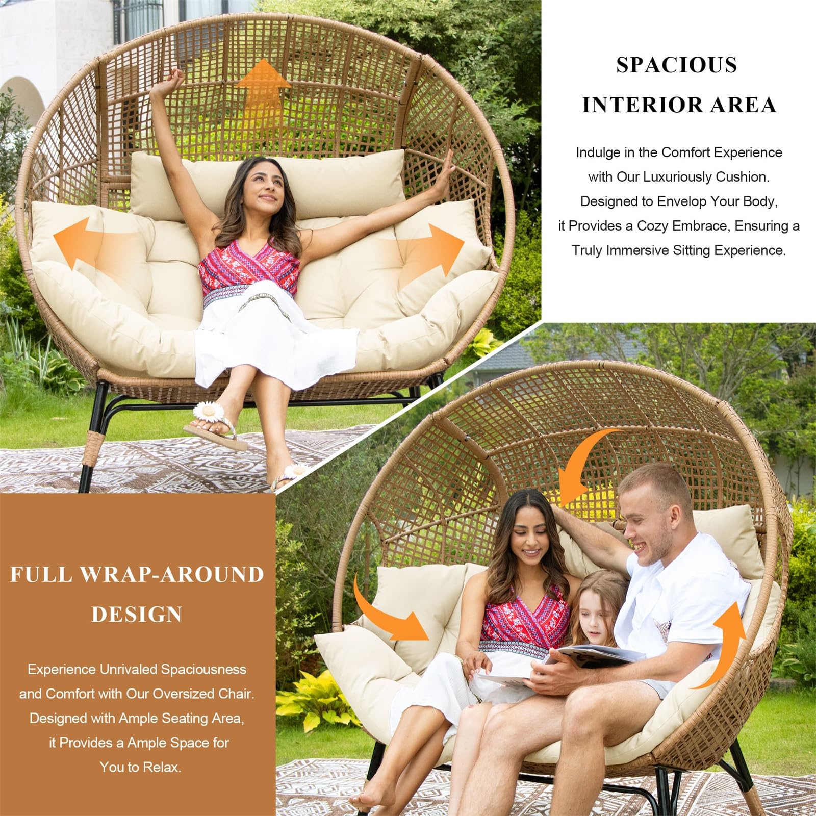 FINCATI Indoor Outdoor Double Egg Chair with Footrests, 2 Person Oversized Wicker Rattan Stationary Lounge Chair with Legs, 680 lbs Loveseat Boho Egg Basket Chairs with Ottomans Beige