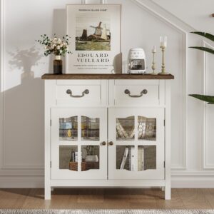 ChooChoo Farmhouse Sideboard Buffet Cabinet with Storage, Coffee Bar Cabinet with Glass Doors, Entryway Cabinet for Kitchen, Living Room, White