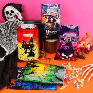 HOWAF 60pcs Halloween Treat Bags with Handles, Halloween Trick or Treat Goodie Bags for Kids Halloween Party Favors Candy Bags Halloween Plastic Gift Bags with Horror Castle Witch Ghost Spider Bat