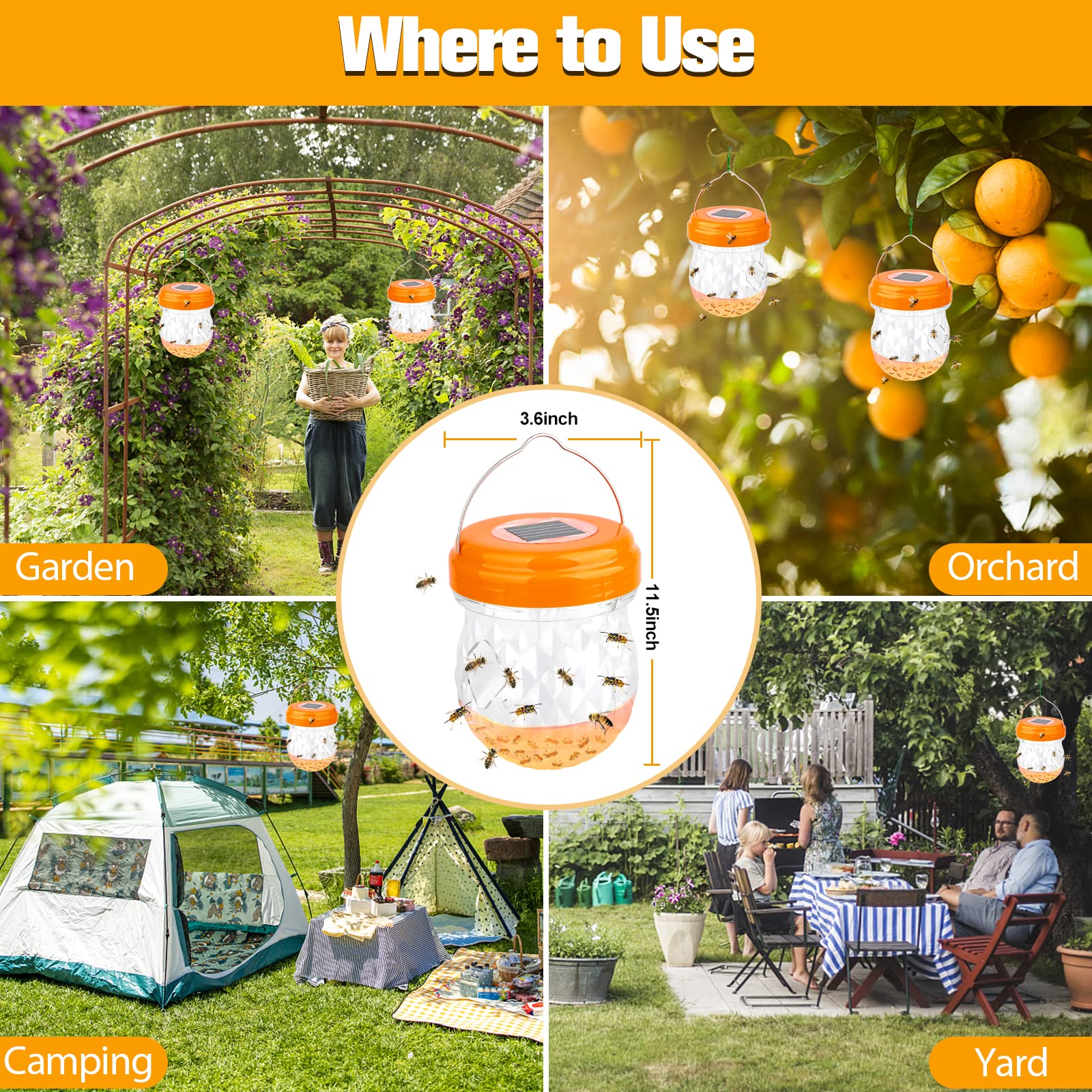 Wasp Traps Outdoor Hanging, Yellow Jacket Wasp Catcher for Trapping Hornet, Non-Toxic Reusable Wasp Catcher for Outdoors Trapping Wasp, Wasp Trap Solar Power Outdoor with LED Light,2P-Orange