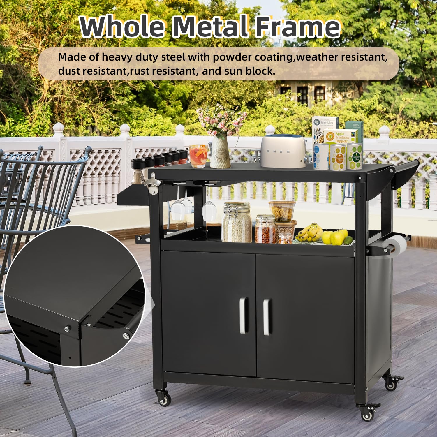 JFHID Outdoor Grill Cart Kitchen Storage Cabinets Island with Wheels Buffet Prep Tables for Outside Steel BBQ Bar Carts for Patio Serving Tables Cooking Station Countertops for Grilling Supplies