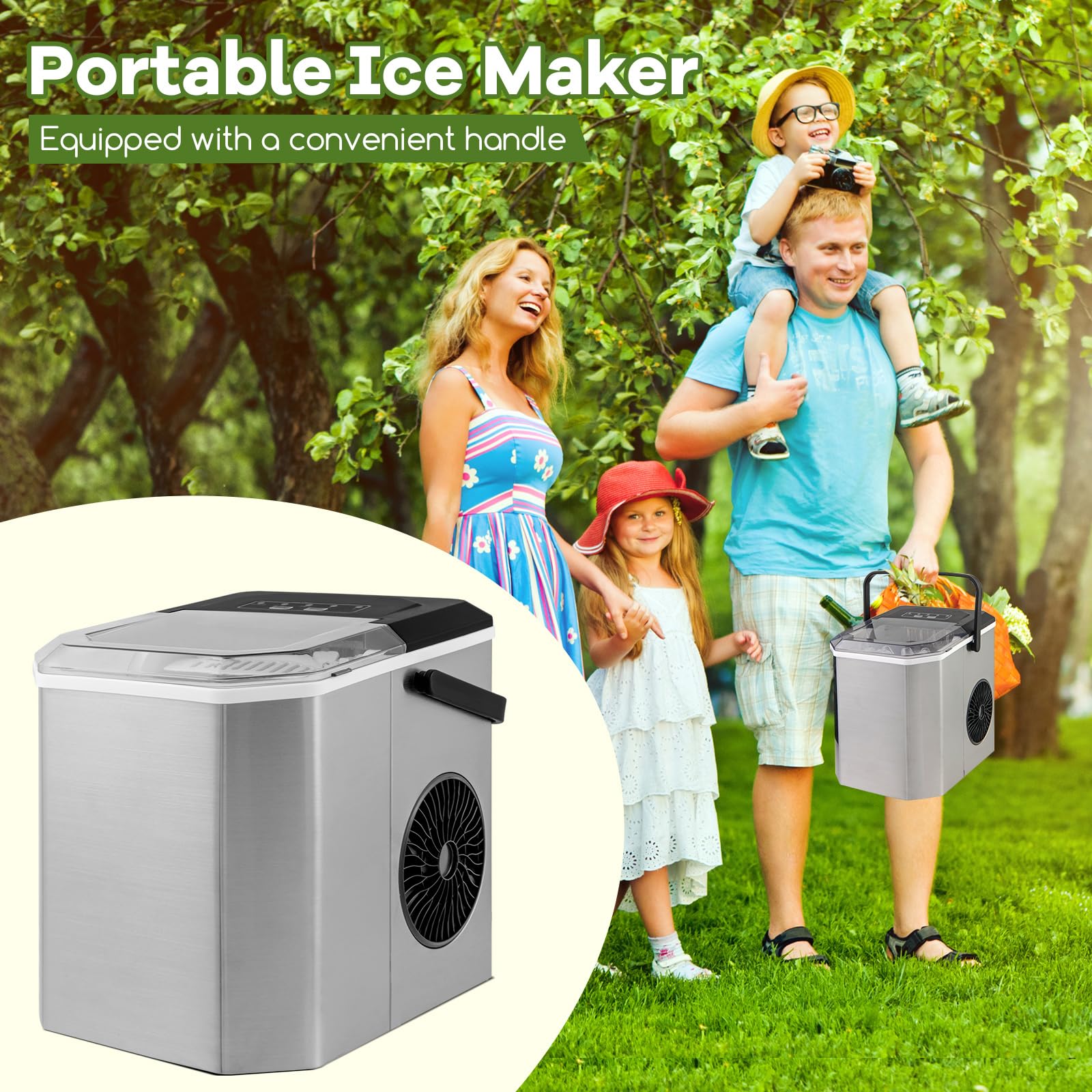 CLEEMAN Ice Makers Countertop, Portable Ice Maker, 9 Ice Cubes Ready in 6-13 Mins, 2 Sizes of Bullet Ice, Self-Cleaning, Ice Machine with Ice Scoop & Basket for Home/Kitchen/Party/RV (Silver)