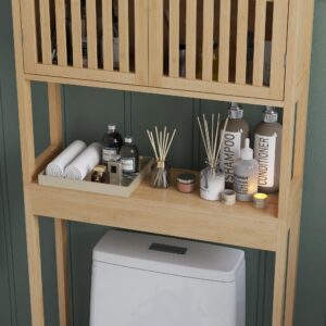 HOMCOM Bamboo Over The Toilet Storage Cabinet, Over Toilet Bathroom Organizer with Slatted Doors, Adjustable Shelf and Open Shelf, Natural