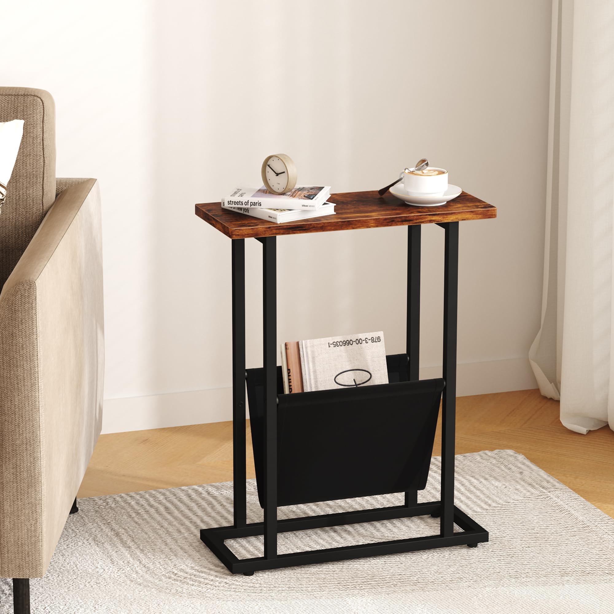 Narrow Side Table for Small Spaces, Small End Table with Magazine Holder Table, Skinny Slim Little Thin Table for Living Room, Bedroom, Sofa, Rustic Brown