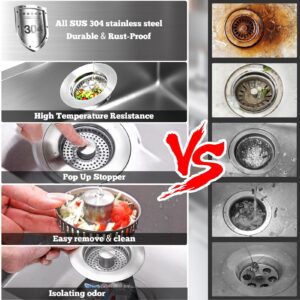 3 in 1 Kitchen Sink Drain Strainer Stopper, Brushed Stainless Steel SUS 304 Pop Up Sink Drain Stopper for Standard 3-1/2 Inch Drain Anti-Clogging Odor Prevention