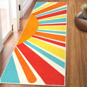 garveehome extra long hallway runner rug 3x8 washable runner rug colorful sunrise nursery rug boho retro runner carpet non-slip throw floor covers rainbow kids rug for living room bedroom, multi