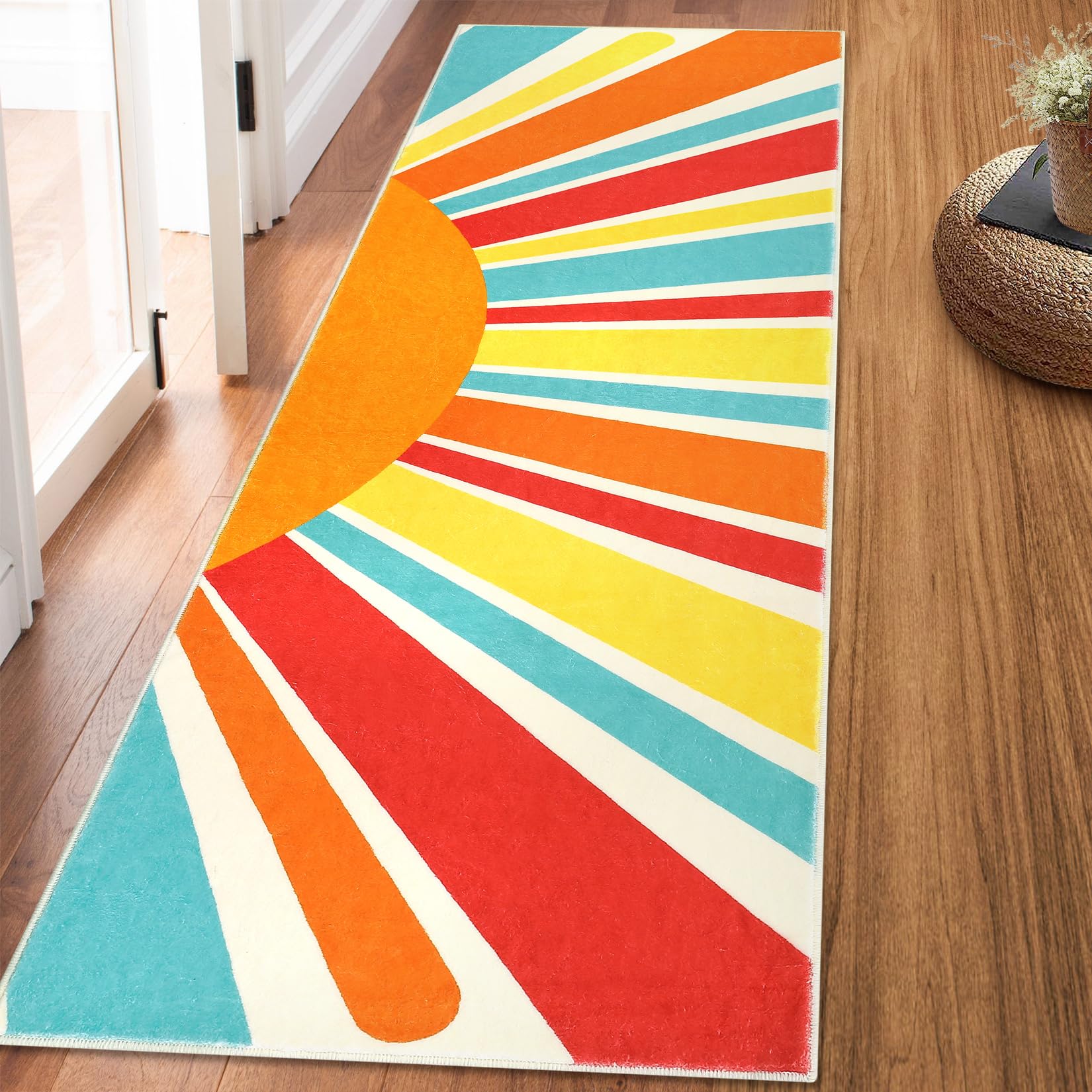 GarveeHome Extra Long Hallway Runner Rug 3x8 Washable Runner Rug Colorful Sunrise Nursery Rug Boho Retro Runner Carpet Non-Slip Throw Floor Covers Rainbow Kids Rug for Living Room Bedroom, Multi