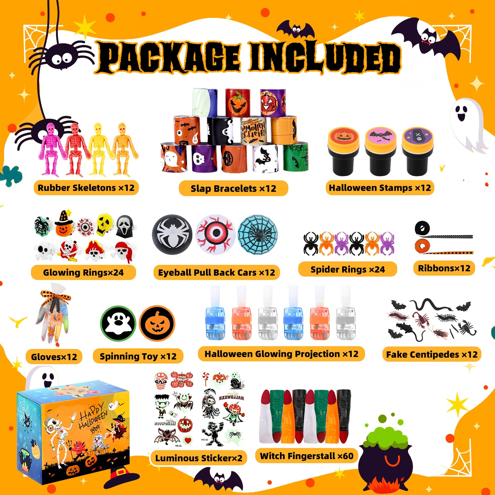 NatuBeau 228 Pcs Halloween Party Favors for Kids, Non-Candy Halloween Treat Bag Fillers, 12 Pack Gloves Trick or Treat Toys in Bulk, Halloween Gifts for Classroom Prizes Halloween Party