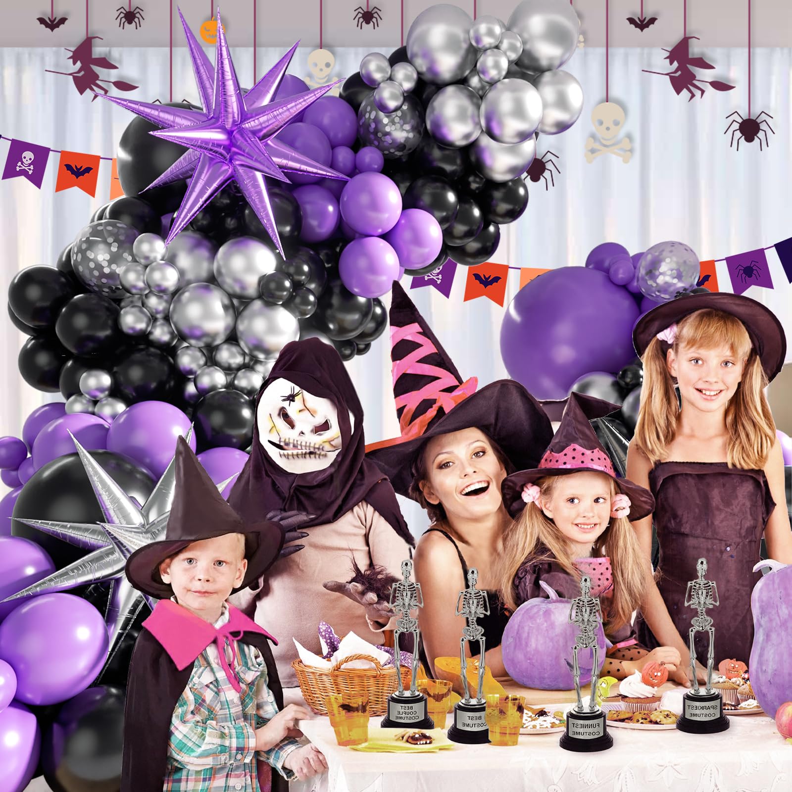 125pcs Purple and Black Balloon Garland Arch Kit, Sliver Confetti Metallic Purple Balloons for Graduation Halloween Birthday Party Decorations