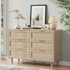 Angel Sar 43'' Rattan Dresser for Bedroom, 6 Drawer Dresser, Modern Design Dressers & Chests of Drawers, Wood Bedroom Dresser for Clothes Storage, Dressers with Gold Handles