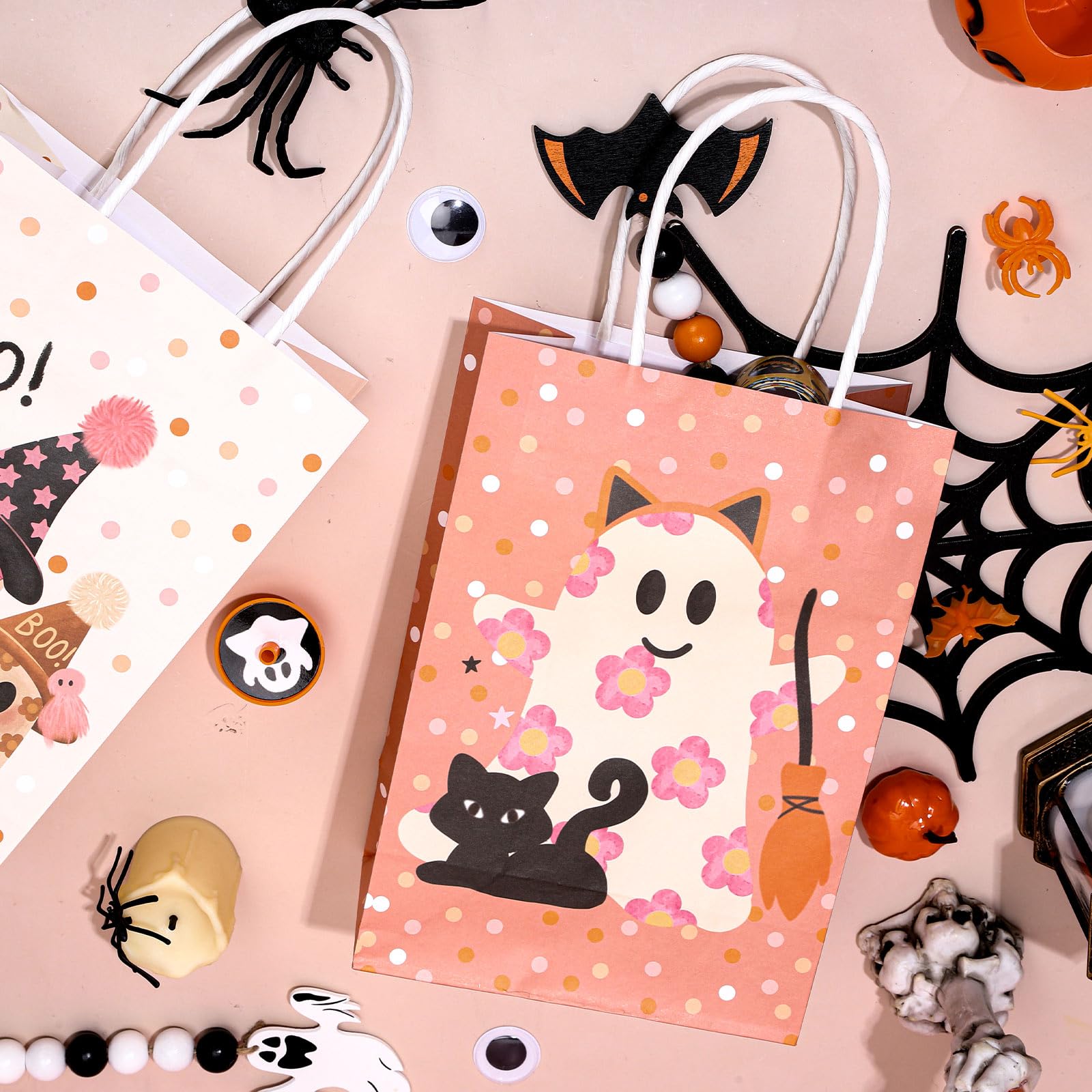 Whaline 24Pcs Pink Halloween Party Gift Bags with Handles Cute Ghost Boo Bat Evil Pumpkin Cat Paper Goodie Bags Candy Treat Bags for Birthday Wedding Baby Shower