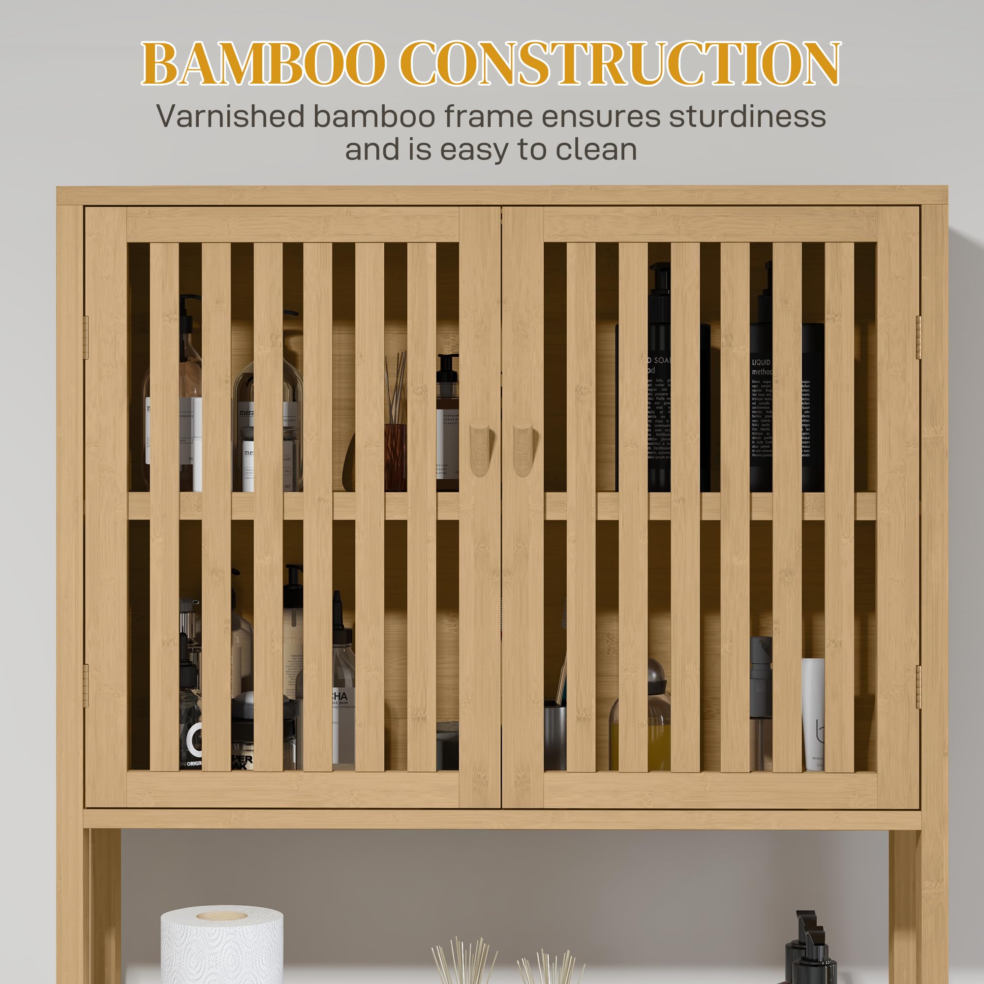 HOMCOM Bamboo Over The Toilet Storage Cabinet, Over Toilet Bathroom Organizer with Slatted Doors, Adjustable Shelf and Open Shelf, Natural