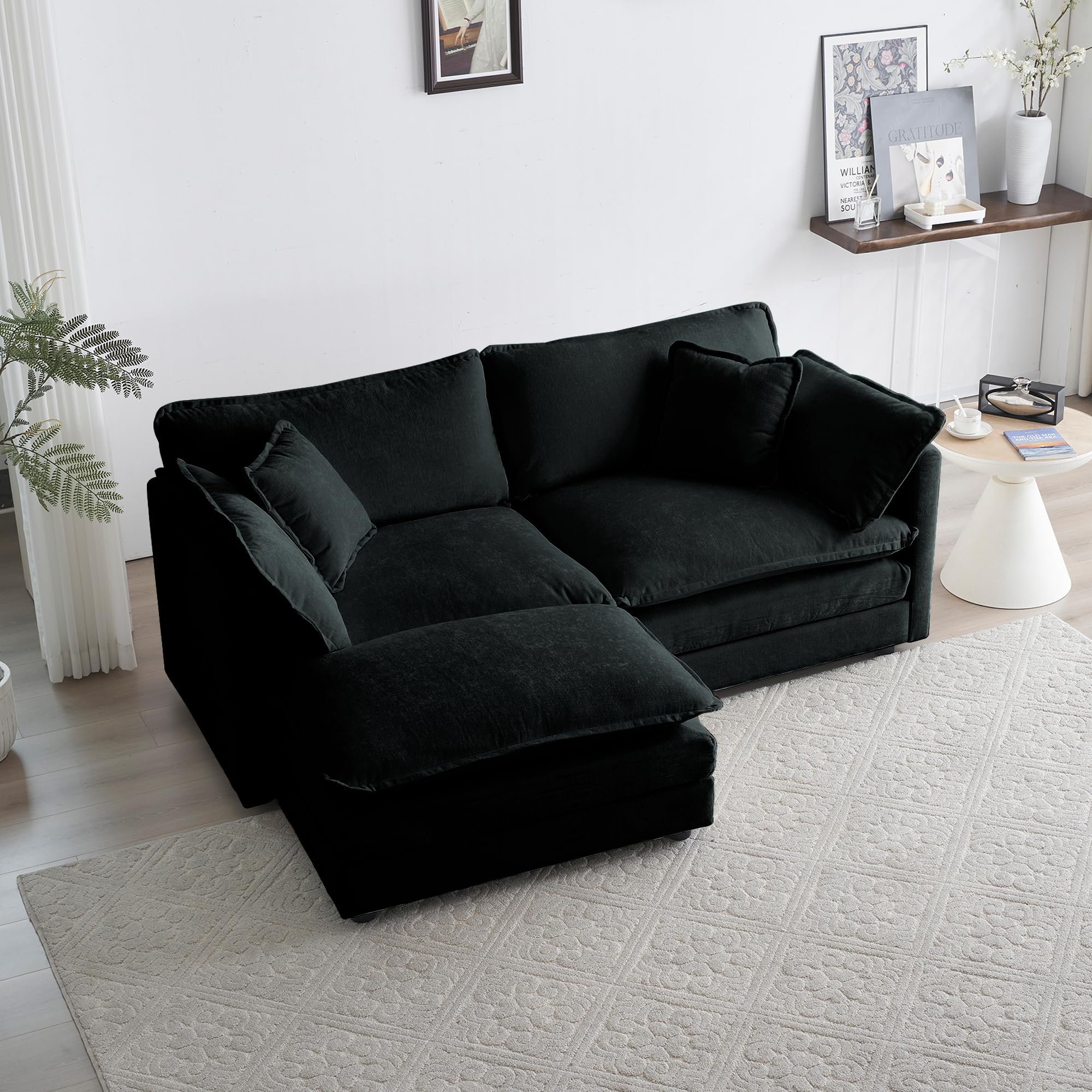 76.7" Small Black Sectional Couch with Ottoman, Deep Seat Luxury Modern Upholstered Modular Cloud Couch Sofa, L Shaped for Living Room Studio Apartment Office Corner Furniture Set, Fluffy Chenille