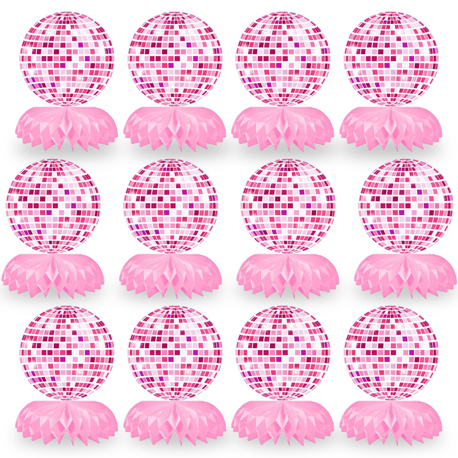 12 PCS Disco Party Decorations, Pink Disco Table Honeycomb Centerpieces Flat Disco Ball Centerpieces for Party Table Disco Ball Decor for Western Cowgirl Birthday Bachelorette Bridal Shower Supplies