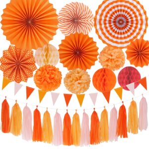 orange birthday decorations fall party decoration 28pcs autumn boho friendsgiving thanksgiving harvest party banner, streamers tassel garland, tissue pom poms, paper fans, bridal shower groovy decor