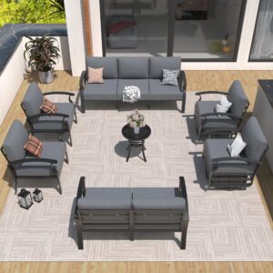 RTDTD Aluminum Patio Furniture Set, 9 Seats Outdoor Patio Conversation Set with Swivel Chair Modern Metal Patio Sectional Sofa with Upgrade Cushions for Patio, Backyard Grey