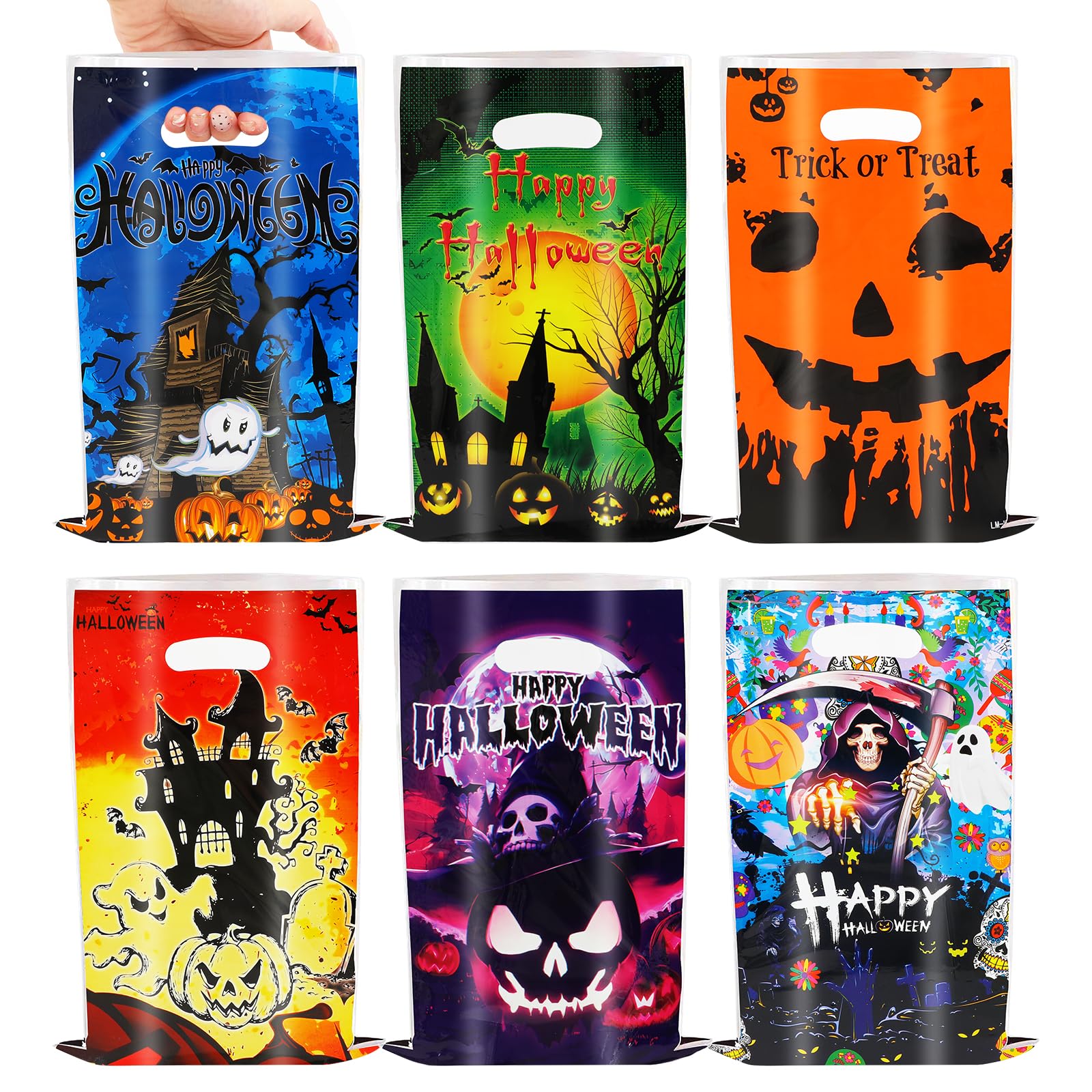 HOWAF 60pcs Halloween Treat Bags with Handles, Halloween Trick or Treat Goodie Bags for Kids Halloween Party Favors Candy Bags Halloween Plastic Gift Bags with Horror Castle Witch Ghost Spider Bat