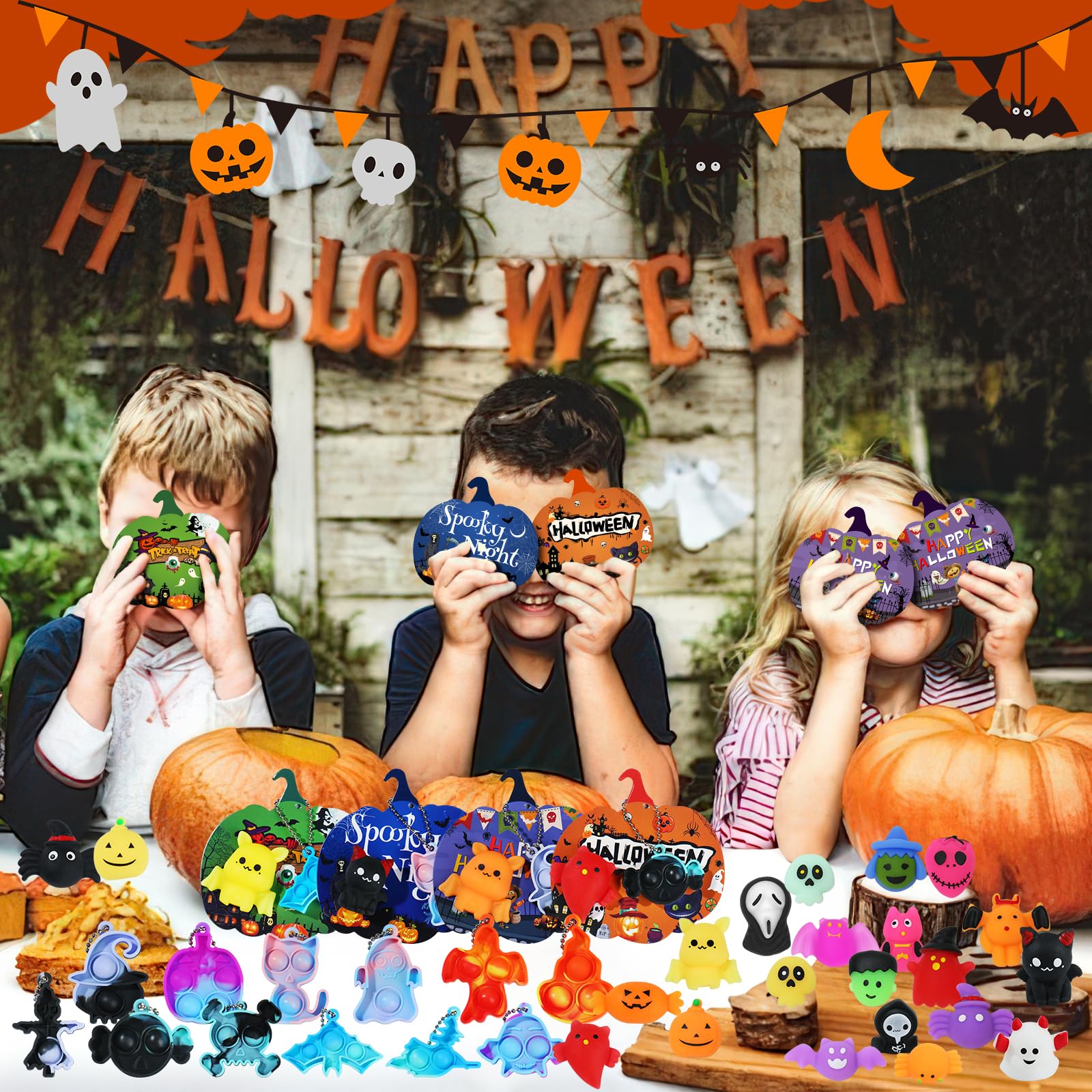 72Pcs Halloween Party Favors for Kids Boys Girls, 24Pack Bulk Toys Gift Include Squishies Pop Keychain Cards Treat Goodie Bag Stuffers Classroom Rewards Treasure Box Prize Carnival Decoration Supplies