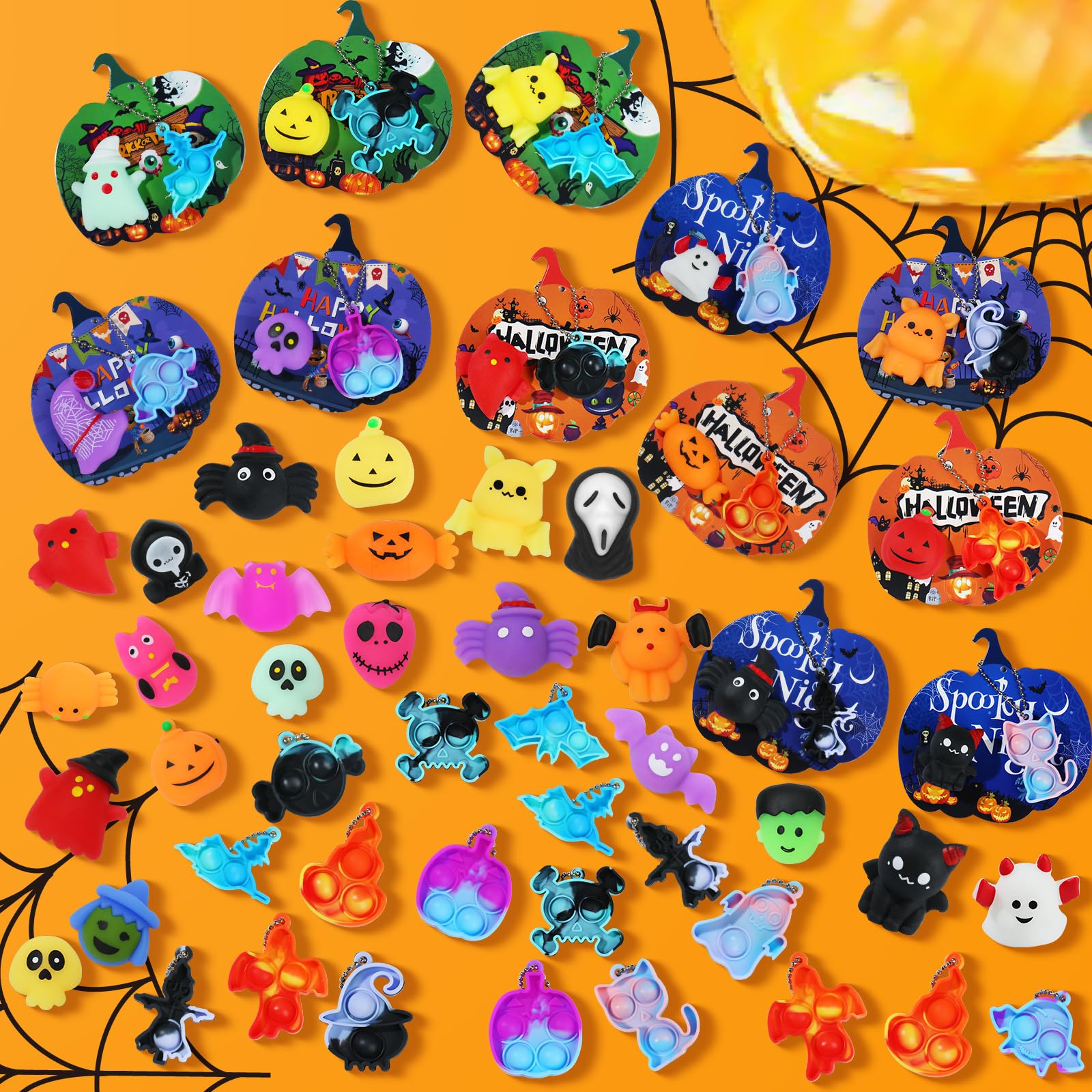 72Pcs Halloween Party Favors for Kids Boys Girls, 24Pack Bulk Toys Gift Include Squishies Pop Keychain Cards Treat Goodie Bag Stuffers Classroom Rewards Treasure Box Prize Carnival Decoration Supplies