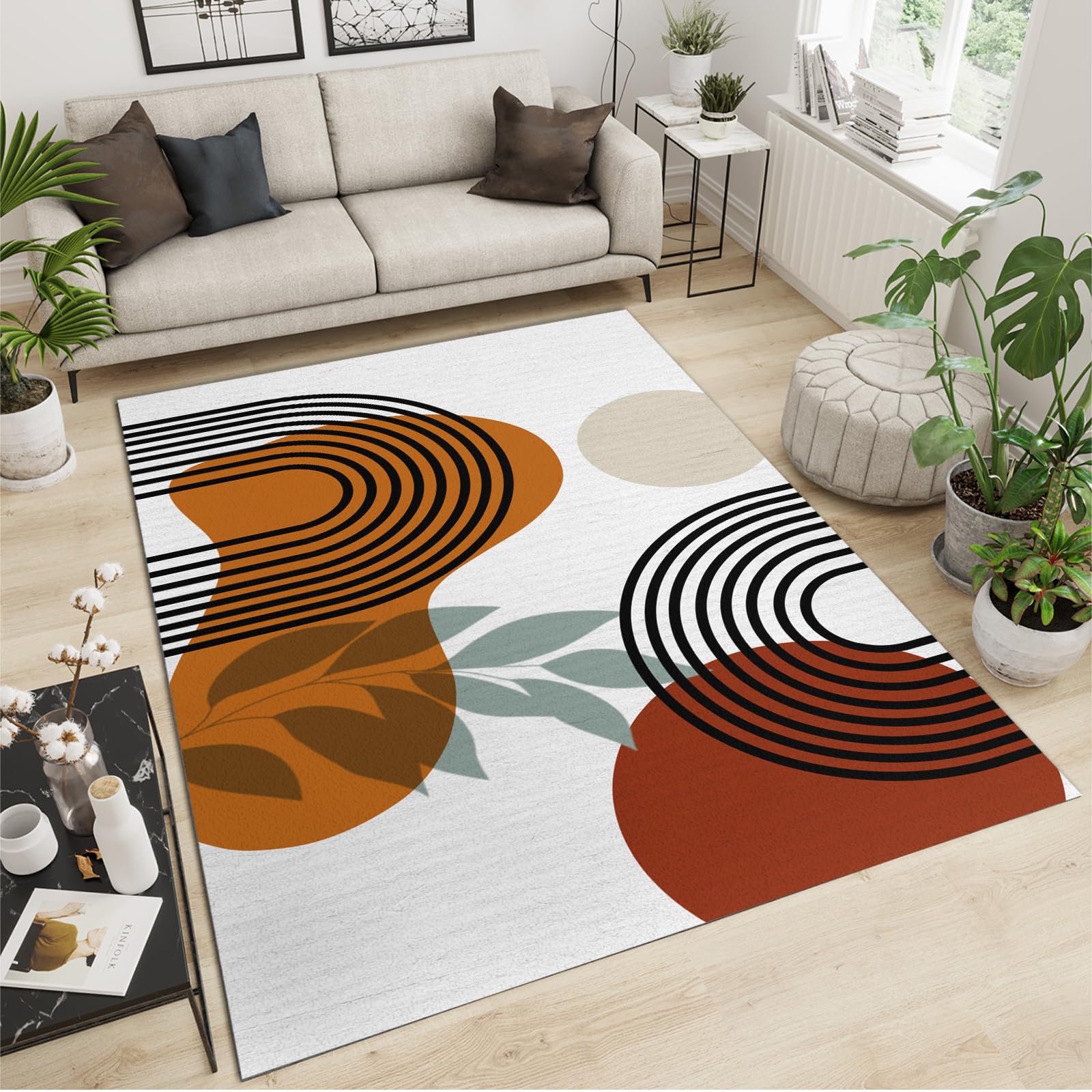 JELAIXO Mid-Century Modern Geometric Bedroom Rug, Abstract Lines Living Room Rug, Printed Fade Resistant Ultra Soft Foldable Washable Rug for Teen Kids Family Dining Room 6ftx8ft