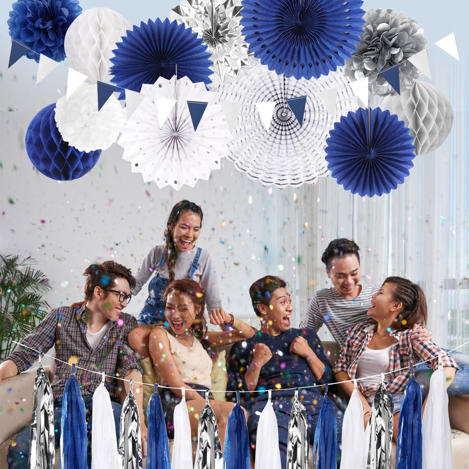 Navy Blue White Silver Party Decorations,28pcs Kit Graduation 2024 Tissue Paper Pom Poms Streamers,Tassel Garland Banner Flowers,Men Birthday Bachelorette Baby Shower Christmas Decor Lasting Surprise