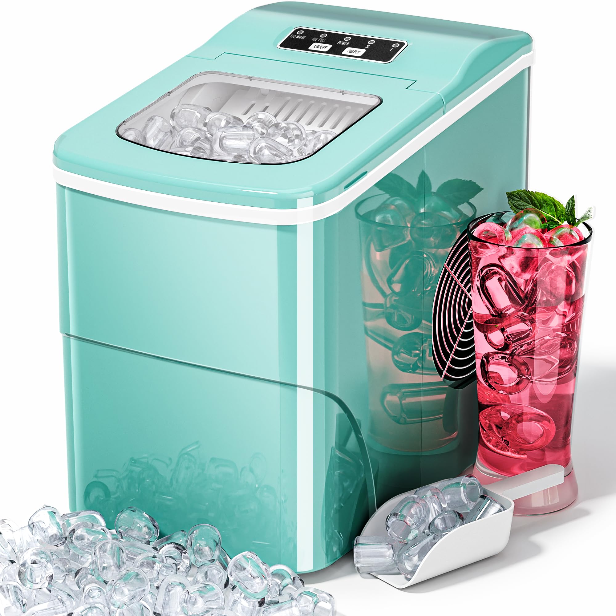 Crzoe Countertop Ice Maker, Small Ice Maker Machine One-Click Operation Ice Maker Countertop with Self-cleaning, 2 Sizes of Bullet Ice, 27Lbs/24H for Counter Top Ice Maker Home Office Bar Party(Green)