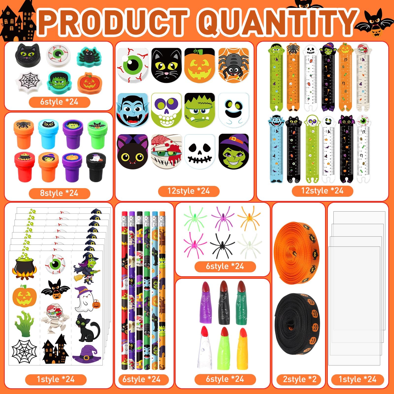 Chrisfall 242 Pcs Halloween Trick or Treat Party Favors Halloween Stationery Set Trick or Treat Gifts Bulk Halloween Goody Bag Fillers Stuffers for Classroom Prizes Trick or Treat Party Supplies