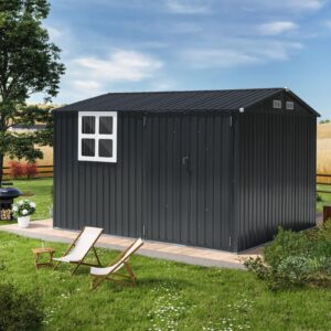 Verano Garden 10x8FT Outdoor Storage Shed, Large Galvanized Steel Metal Garden Shed with Window, Lockable Double Door, Outdoor Tool Shed for Backyard, Patio, Lawn(113.39"x98.03"x77.56")