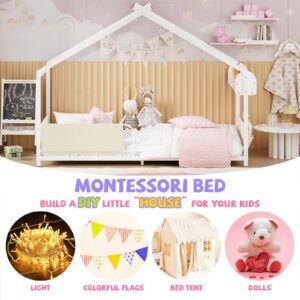 Timy House Bed Twin Size Montessori House Bed Metal Floor Bed with Storage Rack and Caddy Twin Bed Frame for Kids No Box Spring Needed White