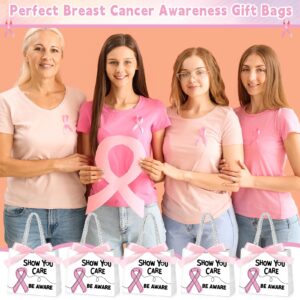 Weekgrat 25 Pack Small Pink Ribbon Bags with Handles Breast Cancer Awareness Paper Gift Bags and Bow Ribbon Show You Care Breast Cancer Bags Women Men Breast Cancer Fighter, 5.51 x 2.36 x 4.72 inch