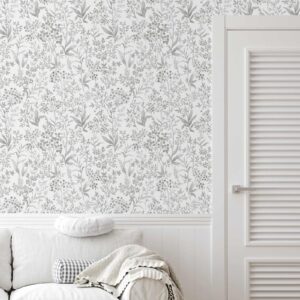 Cohoo Home Leaf Wallpaper Peel and Stick Wallpaper Boho Leaves Contact Paper for Cabinets and Drawer 17.3“×118” Gray White Floral Self-Adhesive Removable Wallpaper Bedroom Bathroom Waterproof Neutral