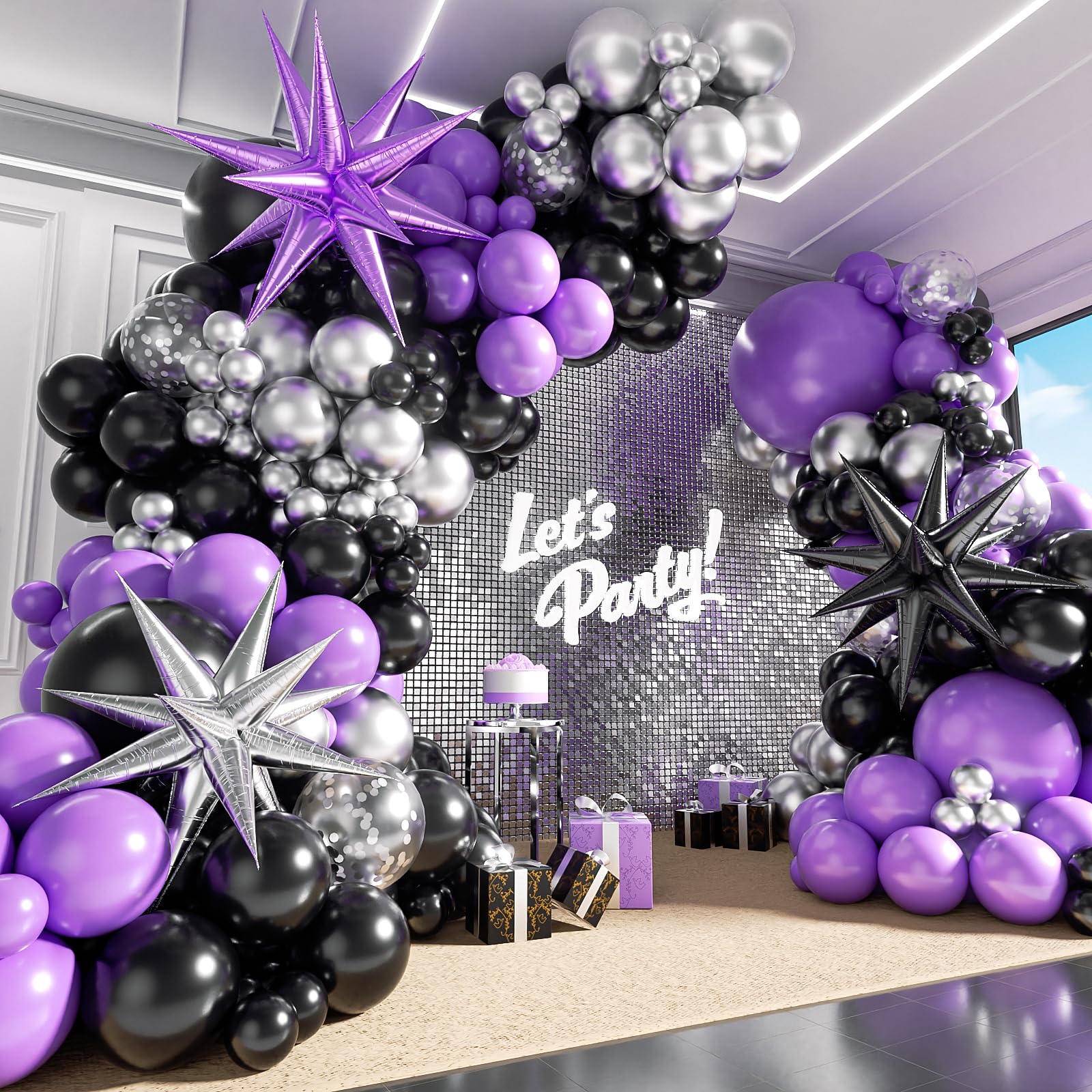 125pcs Purple and Black Balloon Garland Arch Kit, Sliver Confetti Metallic Purple Balloons for Graduation Halloween Birthday Party Decorations