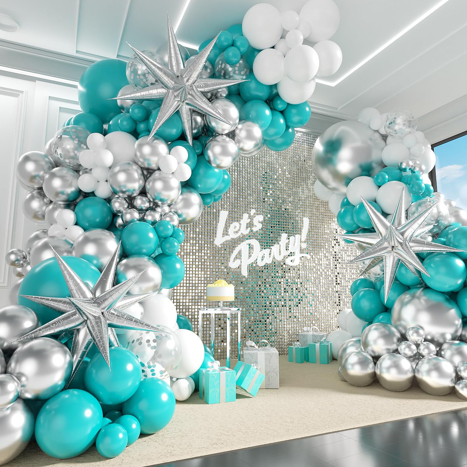 125pcs Teal Silver White Balloon Garland Arch Kit, White Metallic Silver Teal Balloons for Wedding Engagement Anniversary Bridal Shower Baby Shower Birthday Party Decorations