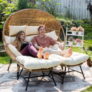 FINCATI Indoor Outdoor Double Egg Chair with Footrests, 2 Person Oversized Wicker Rattan Stationary Lounge Chair with Legs, 680 lbs Loveseat Boho Egg Basket Chairs with Ottomans Beige