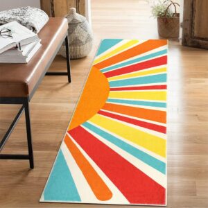 GarveeHome Extra Long Hallway Runner Rug 3x8 Washable Runner Rug Colorful Sunrise Nursery Rug Boho Retro Runner Carpet Non-Slip Throw Floor Covers Rainbow Kids Rug for Living Room Bedroom, Multi