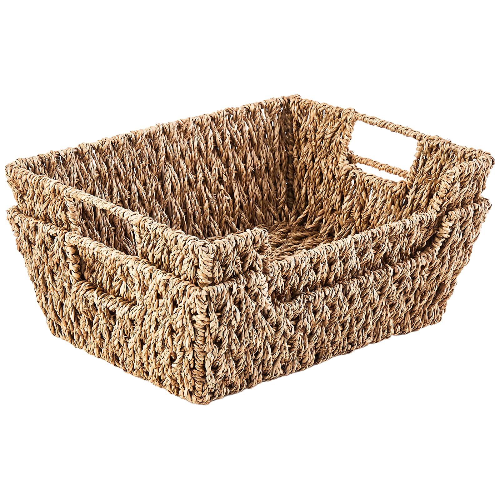 LGEHOOM Seagrass Wicker Storage Baskets Open-Front Pantry Baskets With Handles Handwoven Rattan Shelf Baskets for Organizer and Storage, 2 Pack